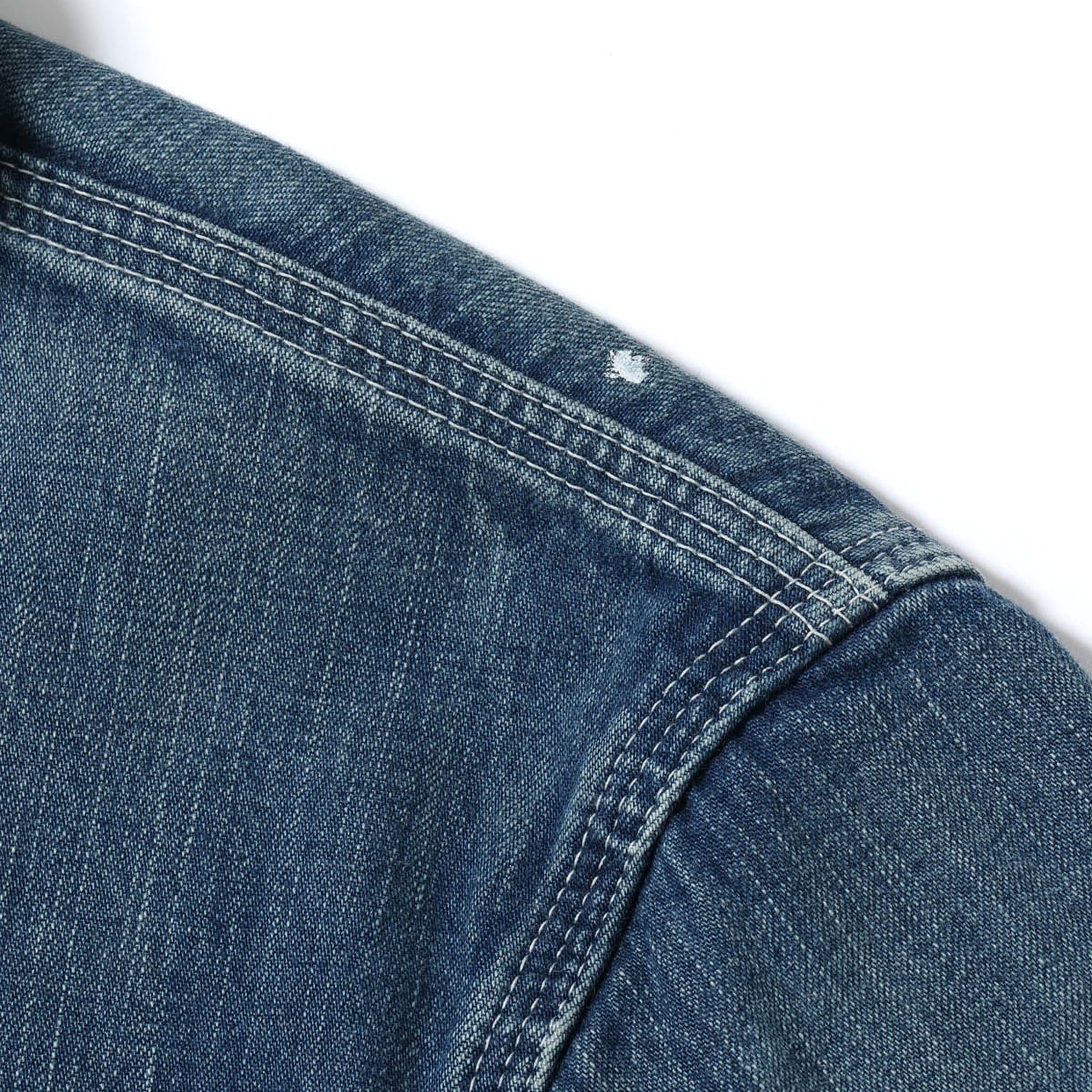 SC15708 11oz Blue Denim Work Coat Aged Model