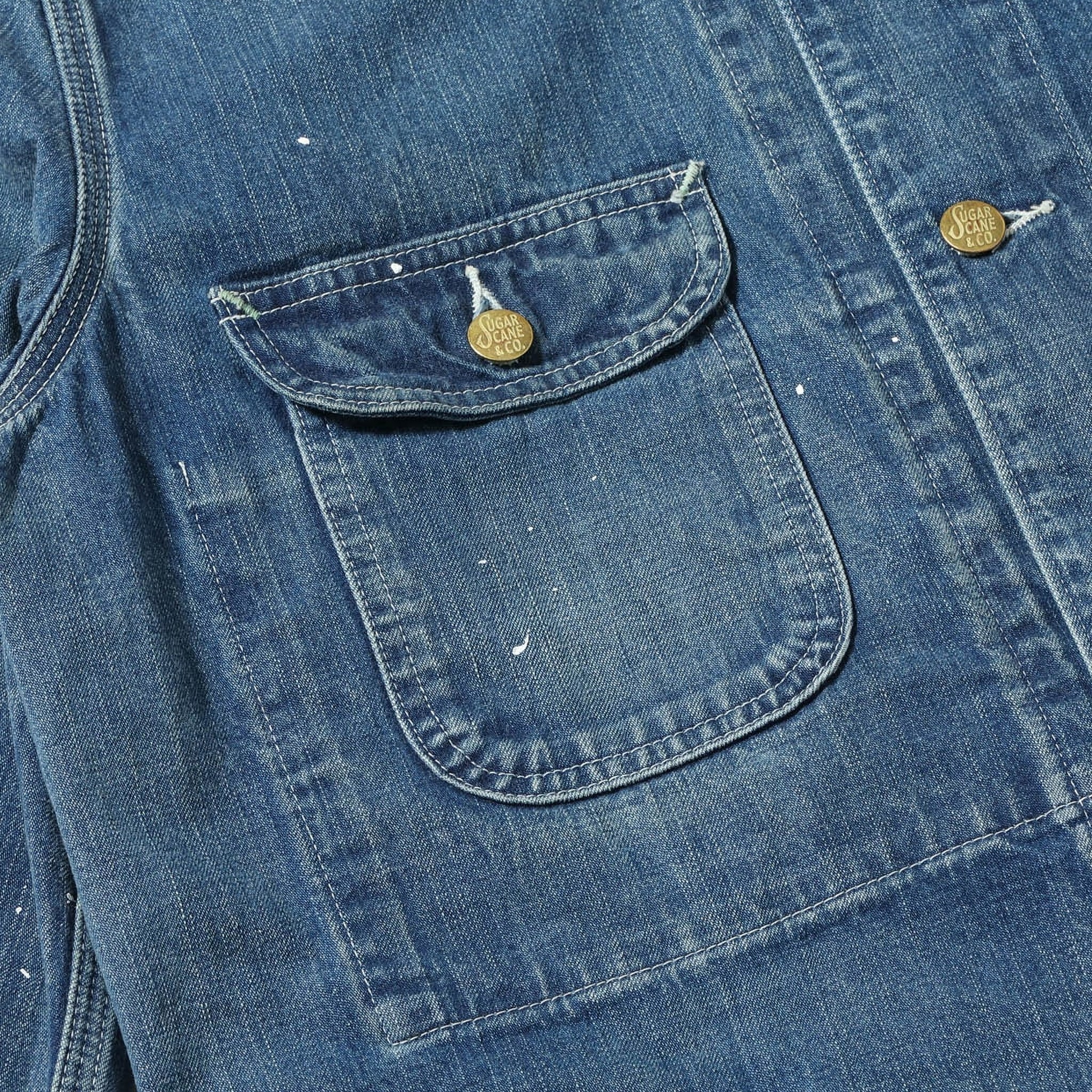 SC15708 11oz Blue Denim Work Coat Aged Model