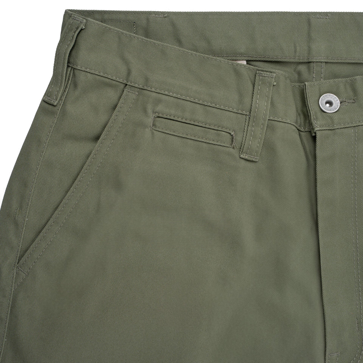IH-727-OLV 9oz Mercerised Selvedge Cotton Medium/High Rise Tapered Chinos - Olive