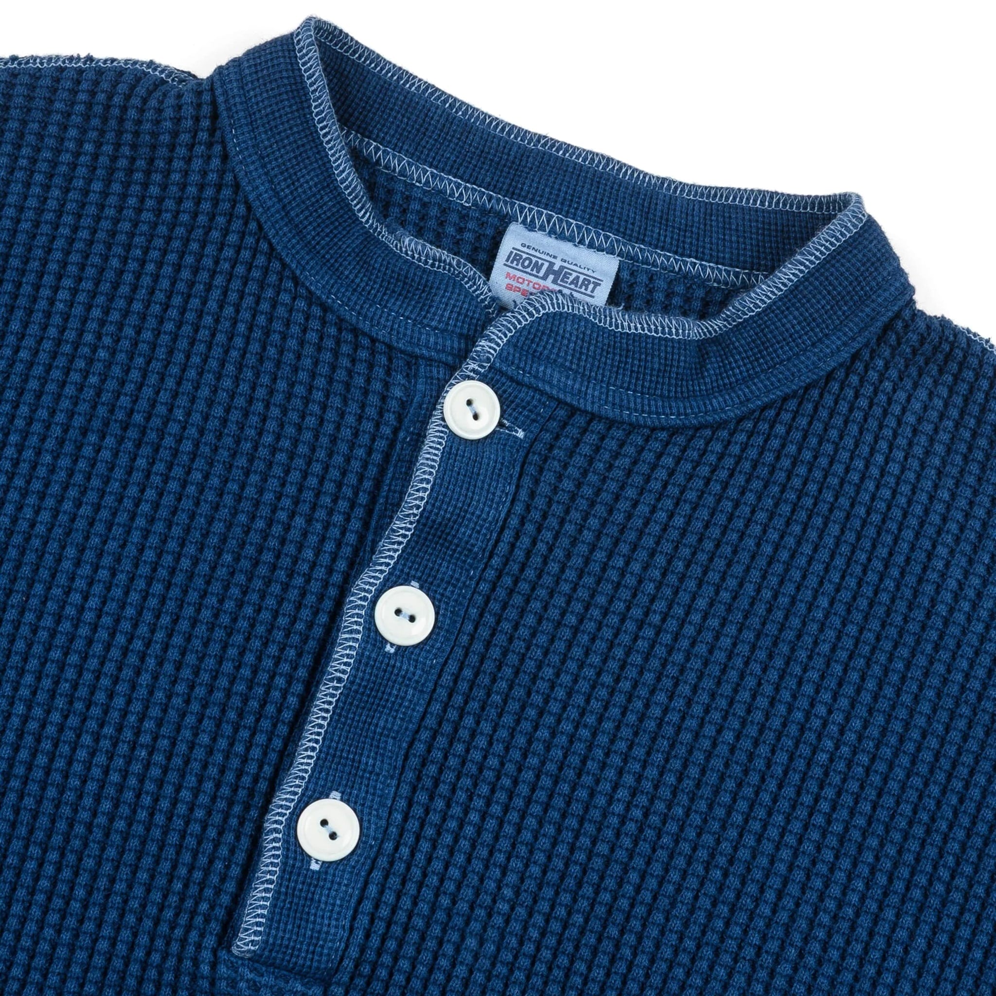 IHTL-1213-IND Waffle Knit Long Sleeved Thermal Henley - Indigo Dyed