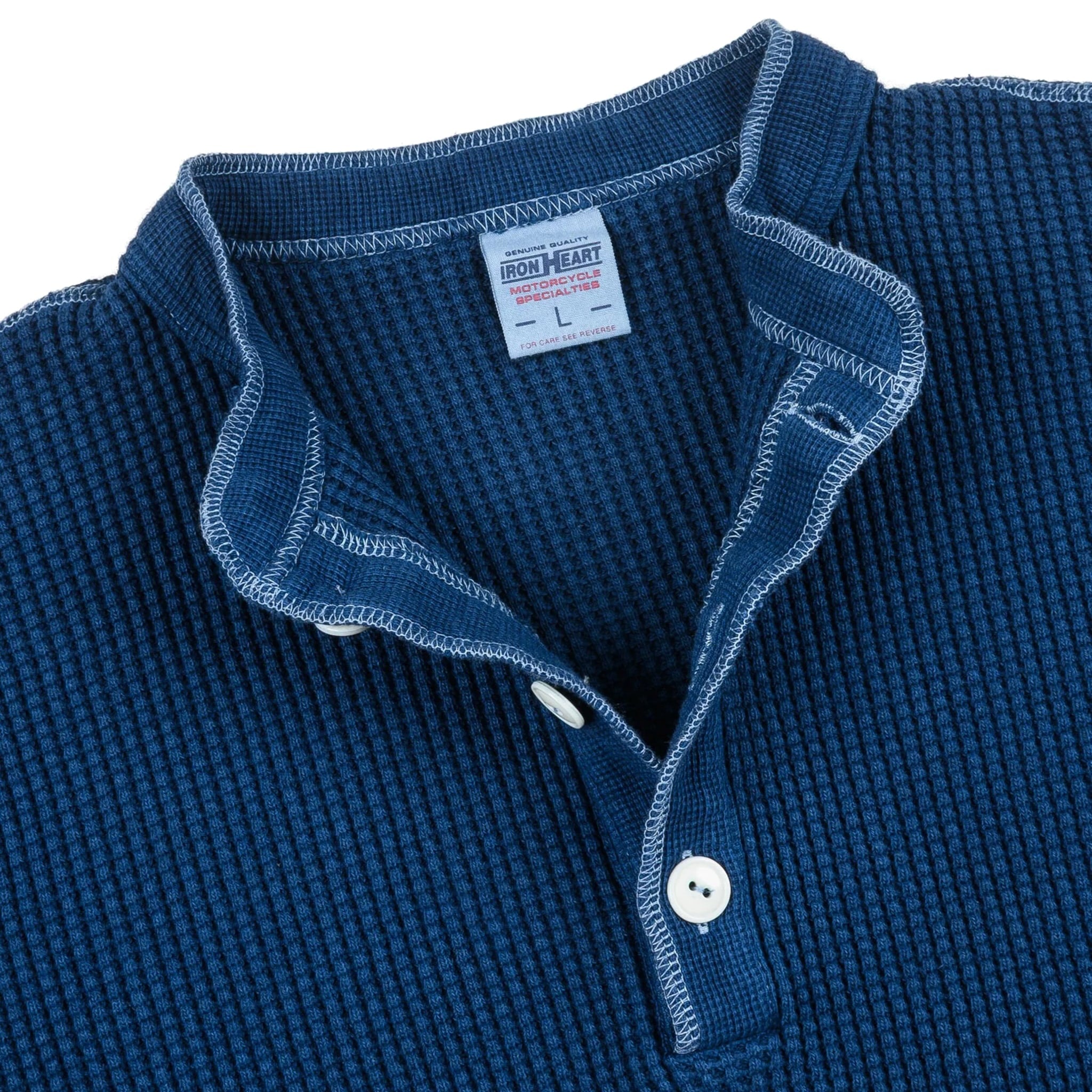 IHTL-1213-IND Waffle Knit Long Sleeved Thermal Henley - Indigo Dyed