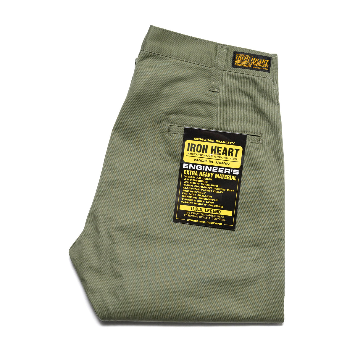 IH-727-OLV 9oz Mercerised Selvedge Cotton Medium/High Rise Tapered Chinos - Olive