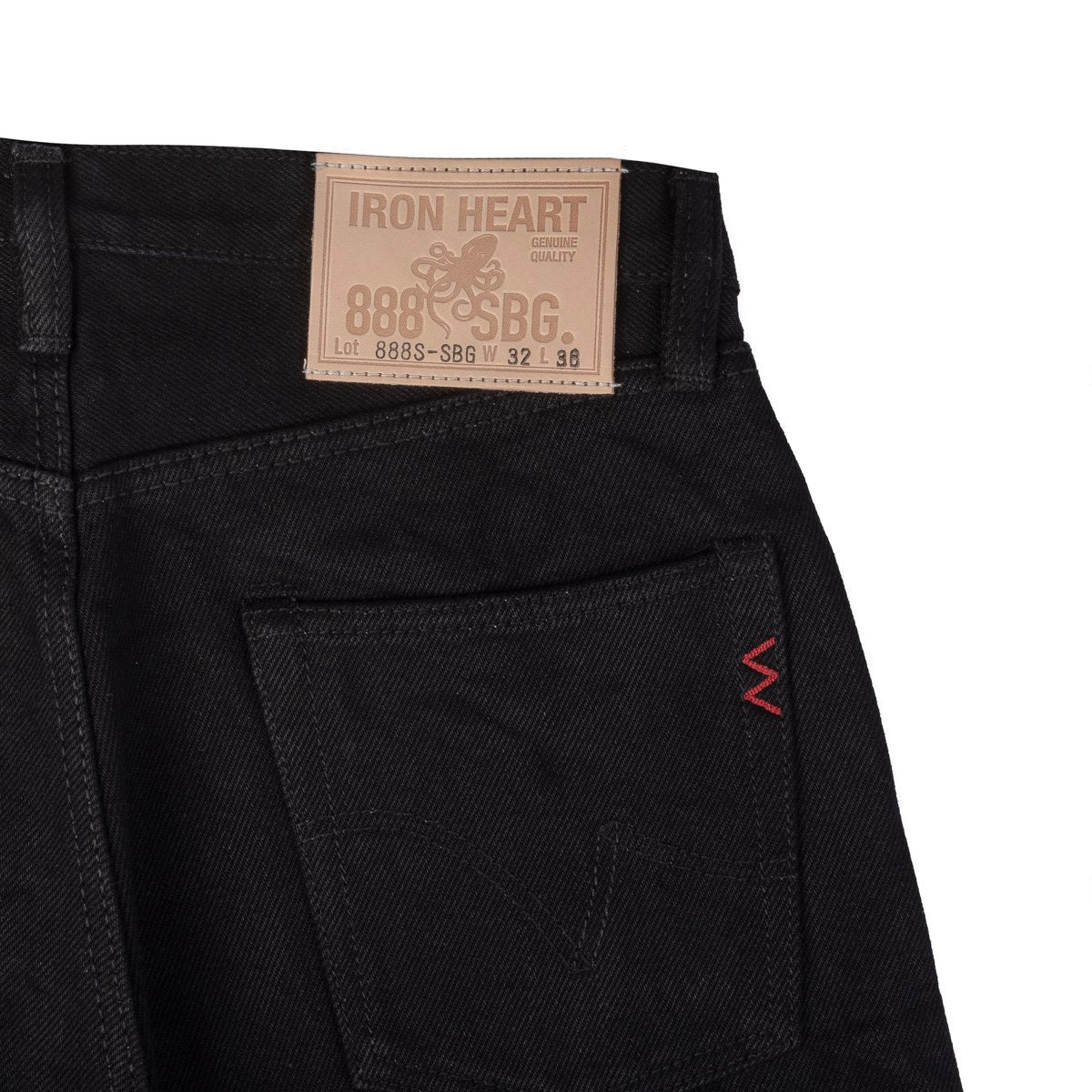 IH-888S-SBG 21oz Selvedge Denim Medium High Rise Tapered Cut Jeans  Superblack Fades To Grey  Patch Detail