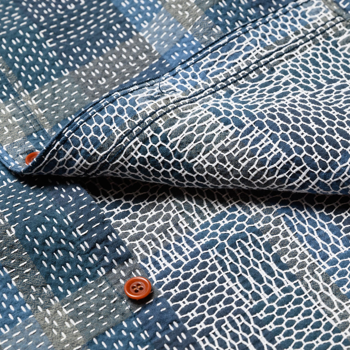 5651 Sashiko Boro Noragi Work Shirt - Blue
